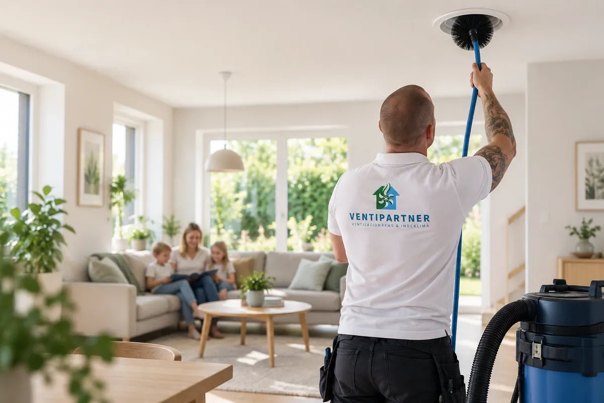 Tekniker fra Ventipartner renser et ventilationsanlæg i en stue